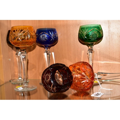 398 - A SET OF SIX HARLEQUIN HOCK GLASSSES, (6)