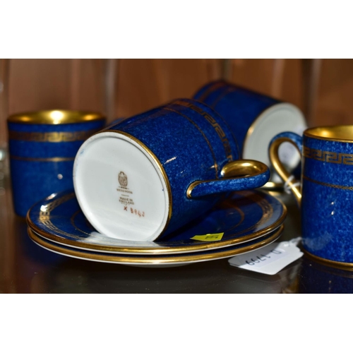 399 - SIX WEDGWOOD COFFEE CANS AND SAUCERS, gilt detailing and interior on blue ground, X8943 to base (12)... 