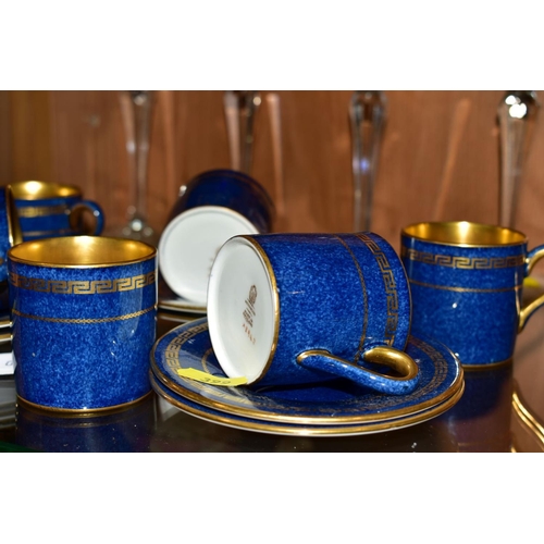 399 - SIX WEDGWOOD COFFEE CANS AND SAUCERS, gilt detailing and interior on blue ground, X8943 to base (12)... 