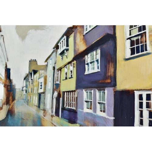 401 - CAMILLA DOWSE (BRITISH 1968), 'Narrow Street with Violet House', a townscape, signed bottom right, a... 