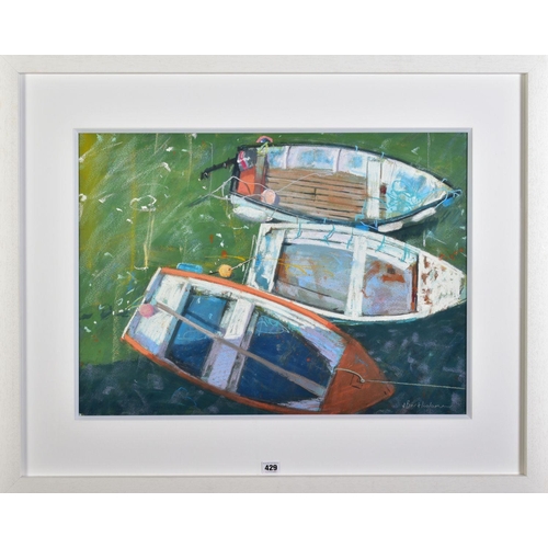 429 - JAMES BARTHOLOMEW RSMA (BRITISH CONTEMPORARY), 'Boats from the Pier, St Ives', a study of boats on a... 