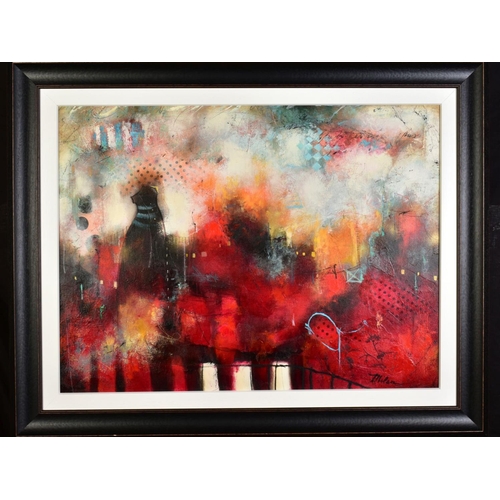 436 - JOHN AND ELLI MILAN (AMERICAN CONTEMPORARY), 'Urban Opus III', a colourful abstract study, signed bo... 