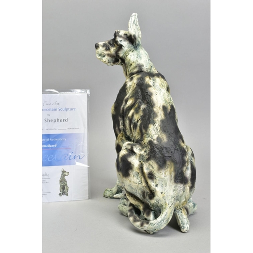 437 - APRIL SHEPHERD (BRITISH CONTEMPORARY), 'On Guard', a cold cast porcelain sculpture of a dog, 103/295... 