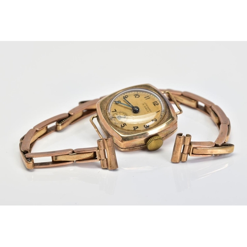 44 - A 9CT GOLD WATCH, with expandable strap, face with subsidiary dial, with 9ct hallmark, approximate w... 