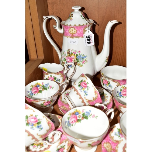 446 - ROYAL ALBERT 'LADY CARLYLE' COFFEE SET, comprising coffee pot, cream jug, sugar bowl, six cups and s... 