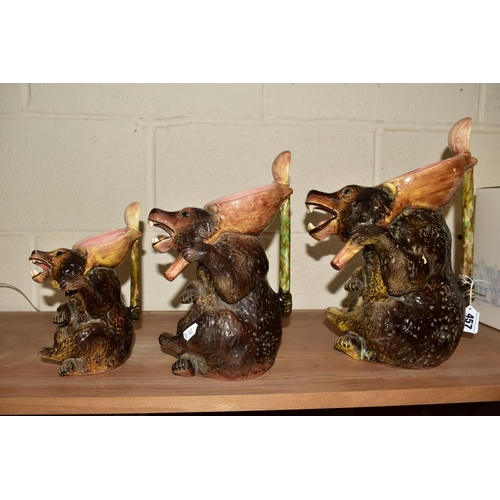 457 - A GRADUATED SET LOF THREE MAJOLICA STYLE BEARS, the handles modelled as spoons, largest height 33cm ... 