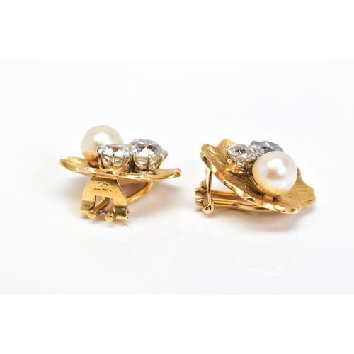 46 - A PAIR OF CULTURED PEARL AND DIAMOND EARRINGS, organic design with textured line detail, clip fittin... 