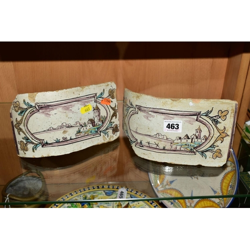 463 - A PAIR OF 18TH CENTURY FAIENCE ROUNDED CORNER FIREPLACE TILES/BRICKS, both painted with landscapes w... 