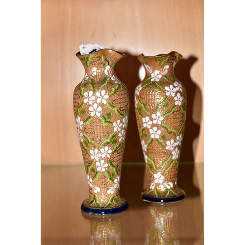 464 - A PAIR OF SMALL ROYAL DOULTON 'CHINEWARE' STONEWARE BUD VASES, impressed marks, height 17cm (one wit... 