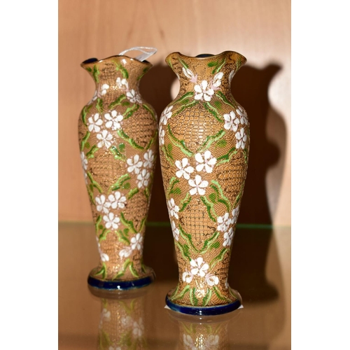 464 - A PAIR OF SMALL ROYAL DOULTON 'CHINEWARE' STONEWARE BUD VASES, impressed marks, height 17cm (one wit... 