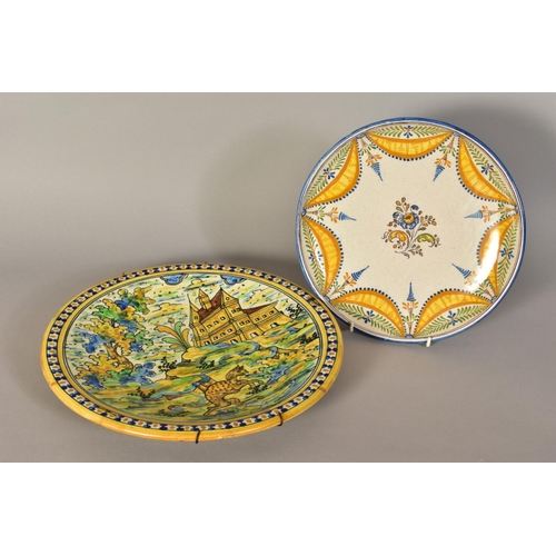 465 - A 19TH CENTURY MAIOLICA CHARGER, painted with a border of blue and yellow dots, the centre with a la... 