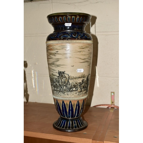 474 - A DOULTON LAMBETH STONEWARE VASE by Hannah Barlow, scraffito decorated with cattle and sheep in land... 