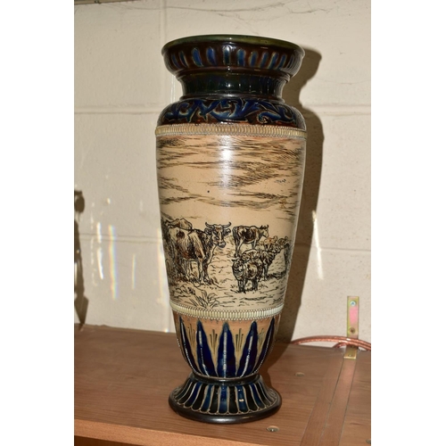 474 - A DOULTON LAMBETH STONEWARE VASE by Hannah Barlow, scraffito decorated with cattle and sheep in land... 