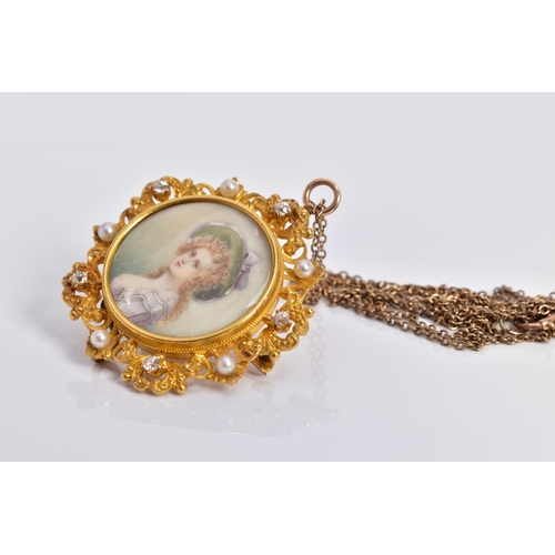 48 - AN EARLY 20TH CENTURY GOLD, DIAMOND AND SEED PEARL PORTRAIT MINIATURE PENDANT/BROOCH, of circular ou... 