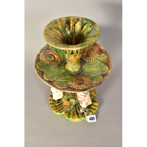 485 - A LATE 19TH CENTURY JOSE A. CUNHA MAJOLICA CENTREPIECE, the trumpet shaped central vase above a circ... 