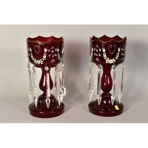 488 - A PAIR OF VICTORIAN RUBY GLASS LUSTRES, painted floral swags and gilt detailing (rubbed) with clear ... 