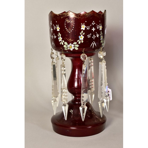 488 - A PAIR OF VICTORIAN RUBY GLASS LUSTRES, painted floral swags and gilt detailing (rubbed) with clear ... 