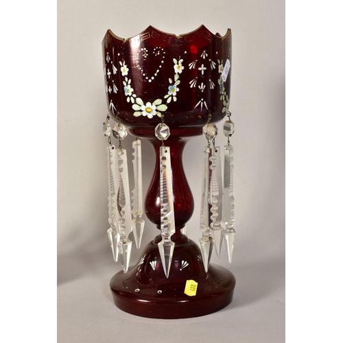 488 - A PAIR OF VICTORIAN RUBY GLASS LUSTRES, painted floral swags and gilt detailing (rubbed) with clear ... 