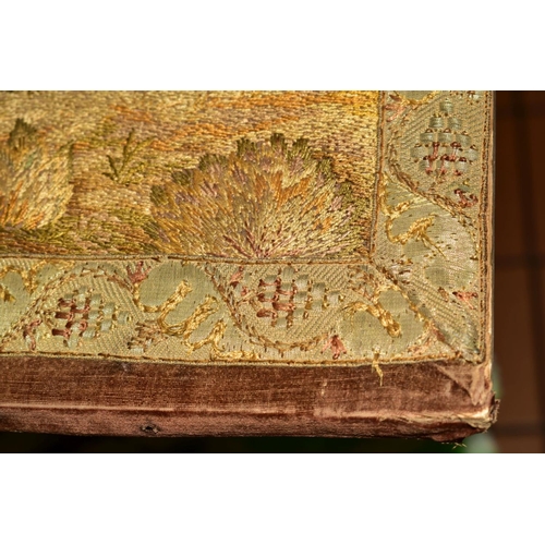 490 - A LATE 18TH CENTURY EMBROIDERED AND STUMPWORK PICTURE, the surround of fruiting vine and foliage, th... 