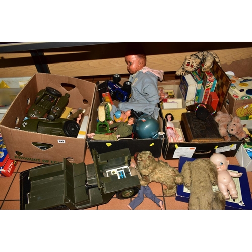 492 - THREE BOXES OF TOYS, GAMES, etc, to include two Action Man (missing hands), Military Action Man vehi... 