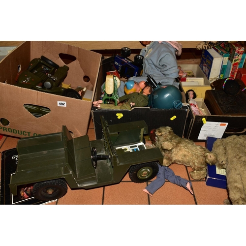 492 - THREE BOXES OF TOYS, GAMES, etc, to include two Action Man (missing hands), Military Action Man vehi... 