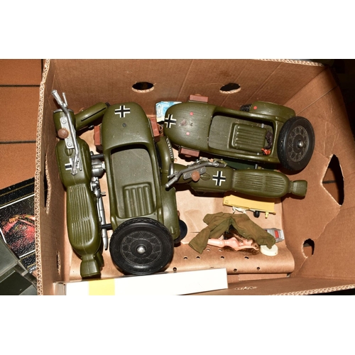 492 - THREE BOXES OF TOYS, GAMES, etc, to include two Action Man (missing hands), Military Action Man vehi... 