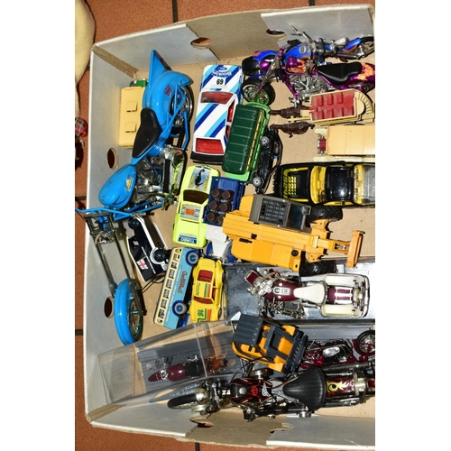 493 - TWO BOXES OF SUNDRY ITEMS, to include die-cast vehicles, model motorbikes, collection of badges (mix... 