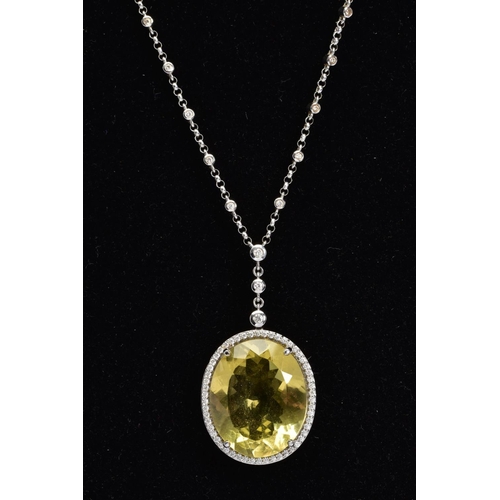 50 - AN 18CT WHITE GOLD, CITRINE AND DIAMOND PENDANT AND MATCHING EARRINGS, the pendant designed as a cen... 