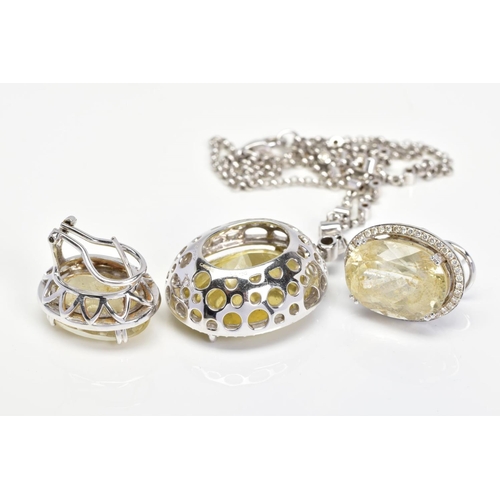 50 - AN 18CT WHITE GOLD, CITRINE AND DIAMOND PENDANT AND MATCHING EARRINGS, the pendant designed as a cen... 