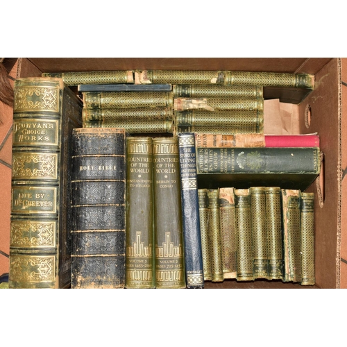 533 - TWO BOXES OF BOOKS to include Bunyans Choice Works by McPhun and Son, leather tooled binding, publis... 