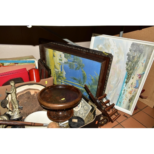 543 - FOUR BOXES AND LOOSE SUNDRY ITEMS to include oak fruit bowl and candlesticks, copper kettle and jugs... 