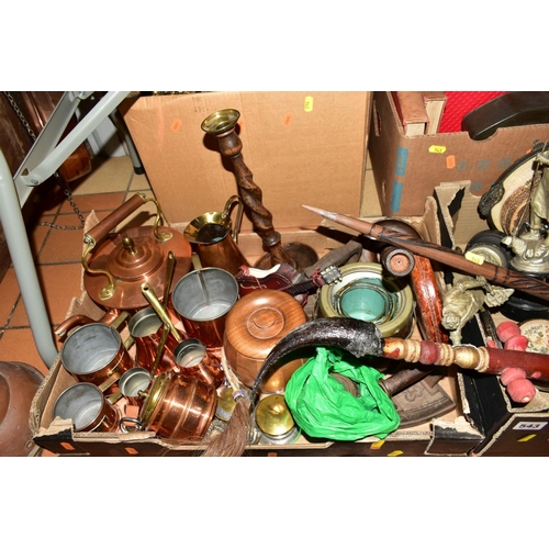 543 - FOUR BOXES AND LOOSE SUNDRY ITEMS to include oak fruit bowl and candlesticks, copper kettle and jugs... 