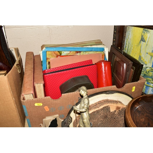 543 - FOUR BOXES AND LOOSE SUNDRY ITEMS to include oak fruit bowl and candlesticks, copper kettle and jugs... 