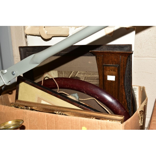 543 - FOUR BOXES AND LOOSE SUNDRY ITEMS to include oak fruit bowl and candlesticks, copper kettle and jugs... 