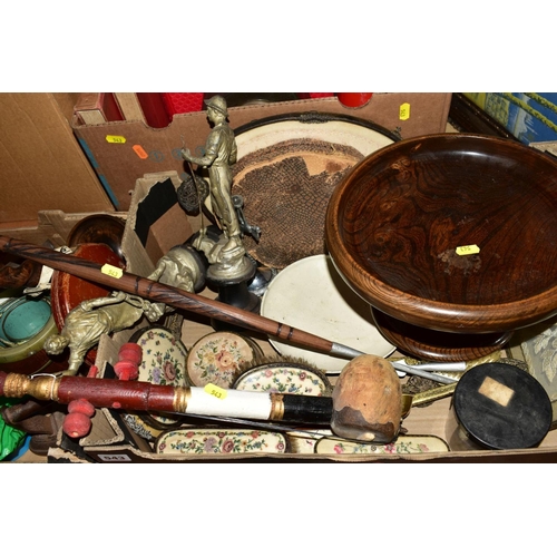 543 - FOUR BOXES AND LOOSE SUNDRY ITEMS to include oak fruit bowl and candlesticks, copper kettle and jugs... 