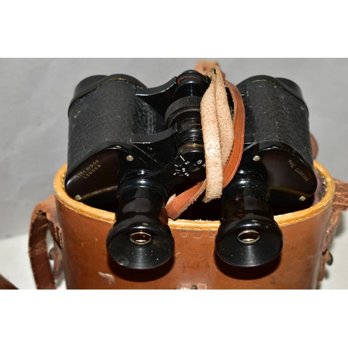 555 - OPTICAL INSTRUMENTS to include WWI binoculars by J B Brooks Ltd, dated 1916 to leather case, five dr... 