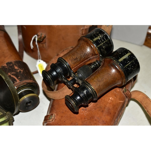 555 - OPTICAL INSTRUMENTS to include WWI binoculars by J B Brooks Ltd, dated 1916 to leather case, five dr... 