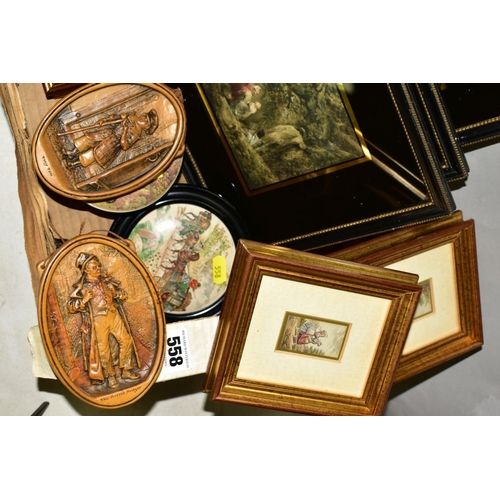 558 - A BOX OF PRINTS etc, comprising four Le Blonde prints in gilt frames, approximate size 14cm x 12cm i... 