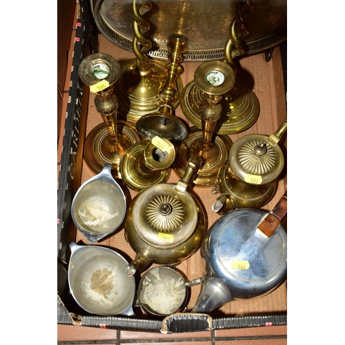 564 - A BOX OF METALWARES, comprising three pairs of brass candlesticks, Pico Ware teapot, milk and sugar ... 