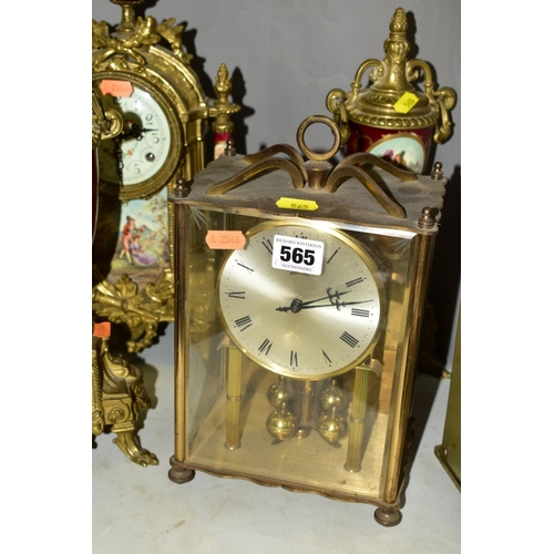 565 - A FRANZ HERMLE & SONS OF GERMANY BRASS CLOCK GARNITURE IN THE LOUIS XIV STYLE, painted porcelain pan... 