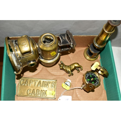 566 - BRASS METALWARES, comprising Lucas Oalcia Cadet bicycle lamp, field microscope, two compasses, Corgi... 