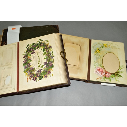 570 - TWO VICTORIAN/EDWARDIAN PHOTOGRAPH ALBUMS, leather bound with brass clasps, partially lithographed i... 