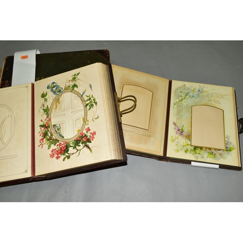 570 - TWO VICTORIAN/EDWARDIAN PHOTOGRAPH ALBUMS, leather bound with brass clasps, partially lithographed i... 