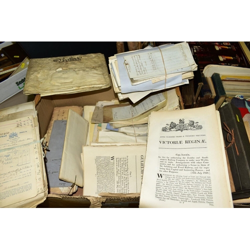 576 - THREE BOXES OF EPHEMERA AND A FOLIO, comprising one box of legal/commercial documents (Probates, Dee... 