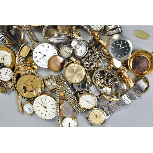 58 - A BAG OF WATCHES AND WATCH PARTS, to include an Omega watch movement, an Accurist watch movement set... 