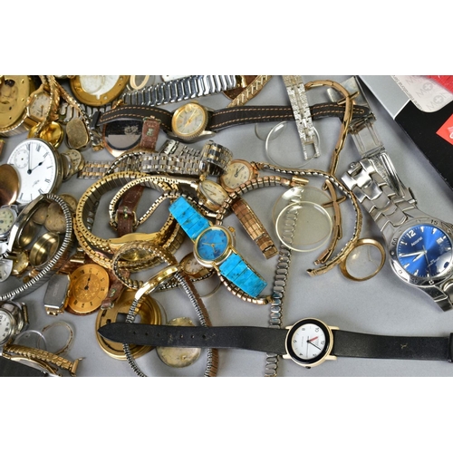 58 - A BAG OF WATCHES AND WATCH PARTS, to include an Omega watch movement, an Accurist watch movement set... 