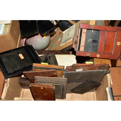 596 - A BOX OF SUNDRY ITEMS to include R A F photographic plates dated 1942/1943, various camera dark slid... 