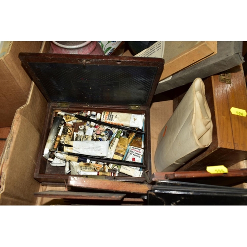 596 - A BOX OF SUNDRY ITEMS to include R A F photographic plates dated 1942/1943, various camera dark slid... 