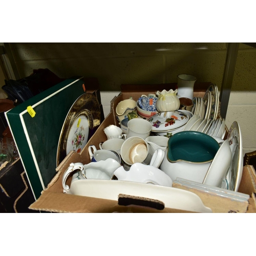 598 - THREE BOXES AND LOOSE SUNDRY ITEMS, to include Denby Greenwheat, Royal Doulton Morning Star, Masons ... 