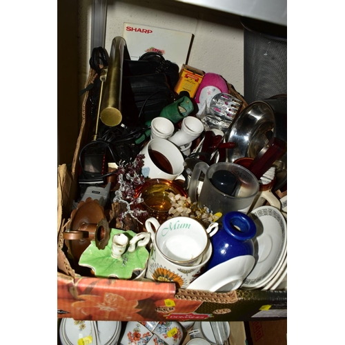 599 - THREE BOXES AND LOOSE SUNDRY ITEMS to include 'Aich' Czechoslavakian coffee set, ceramic jugs and va... 